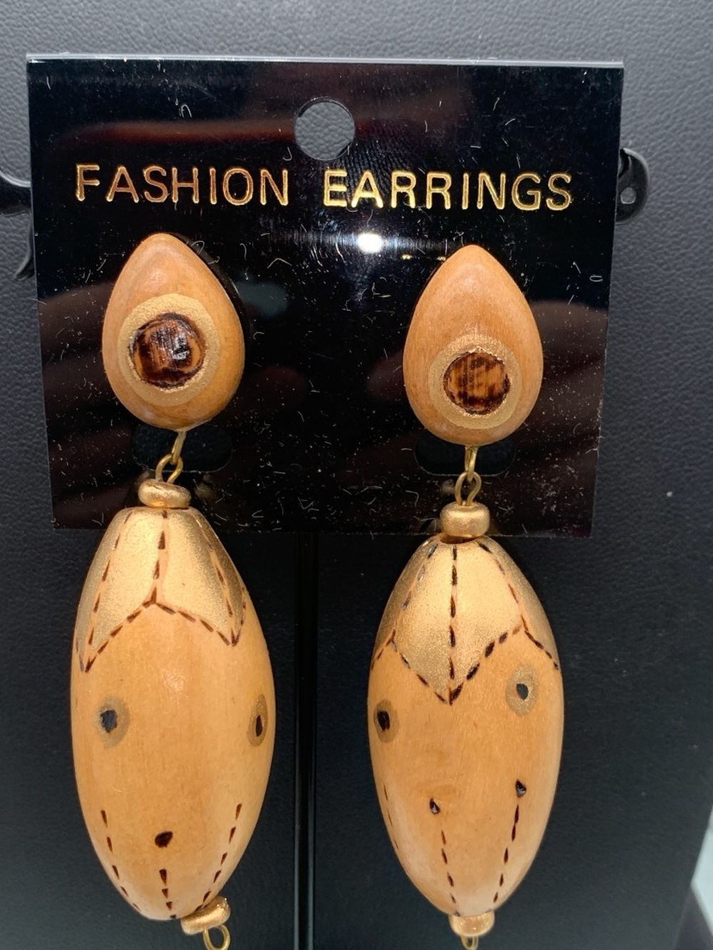 Vintage NOS chunky Natural Wood Drop pierced Earrings boho nature